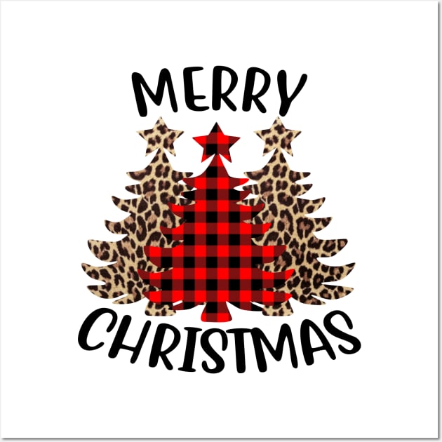 Merry Christmas Tree Leopard Plaid Printed Wall Art by amitsurti